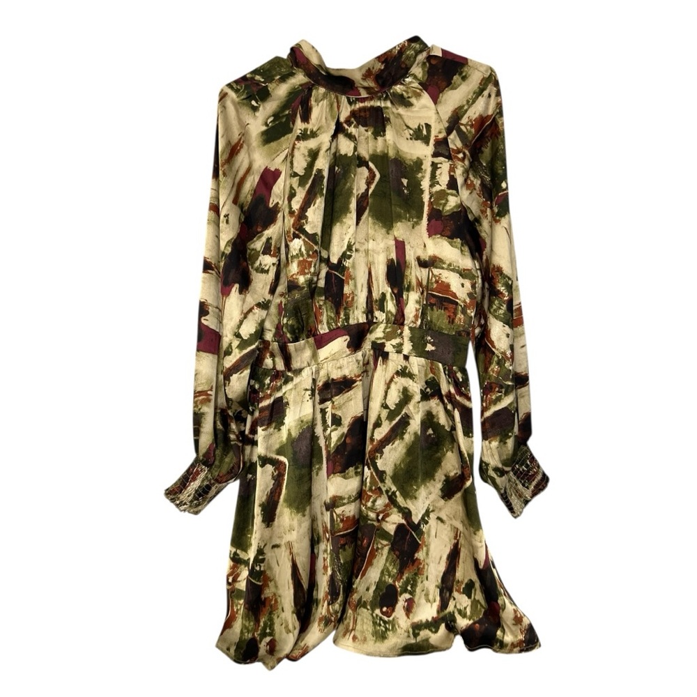 TCEC Green and Tan Bishop Sleeve Cocktail Dress